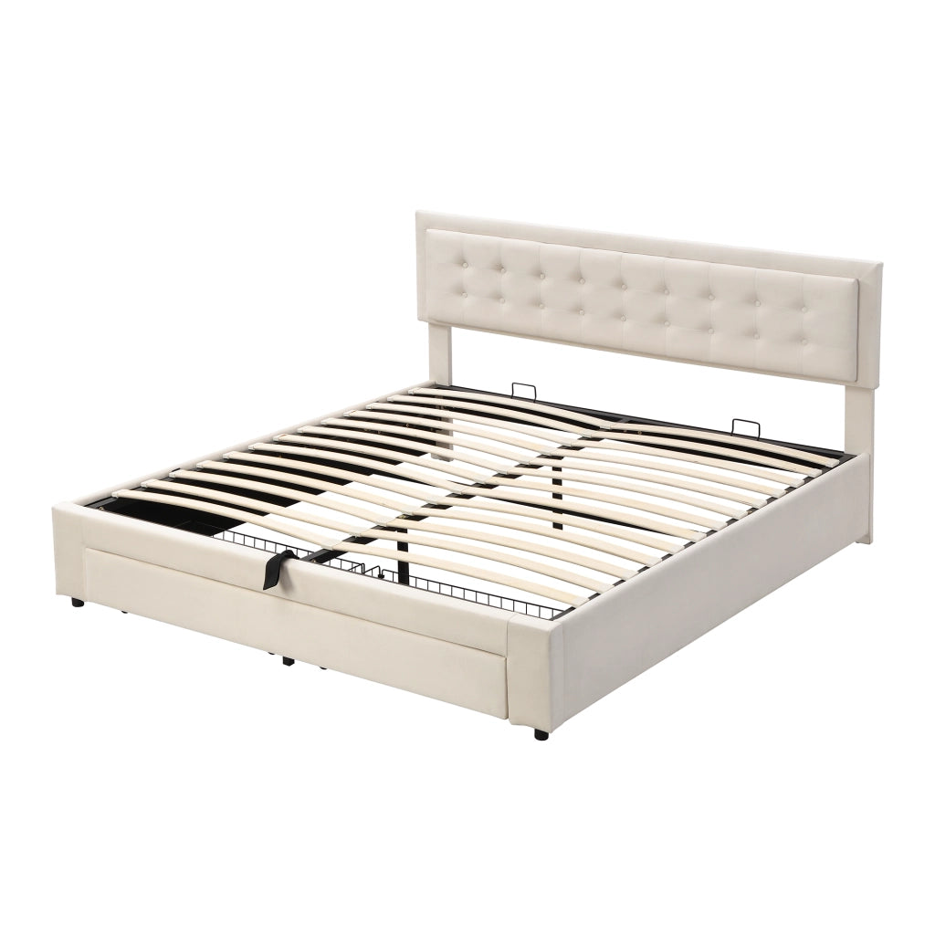 Letto contenitore matrimoniale 180 × 200 cm con testiera regolabile, cassetti e vano idraulico, senza materasso, beige