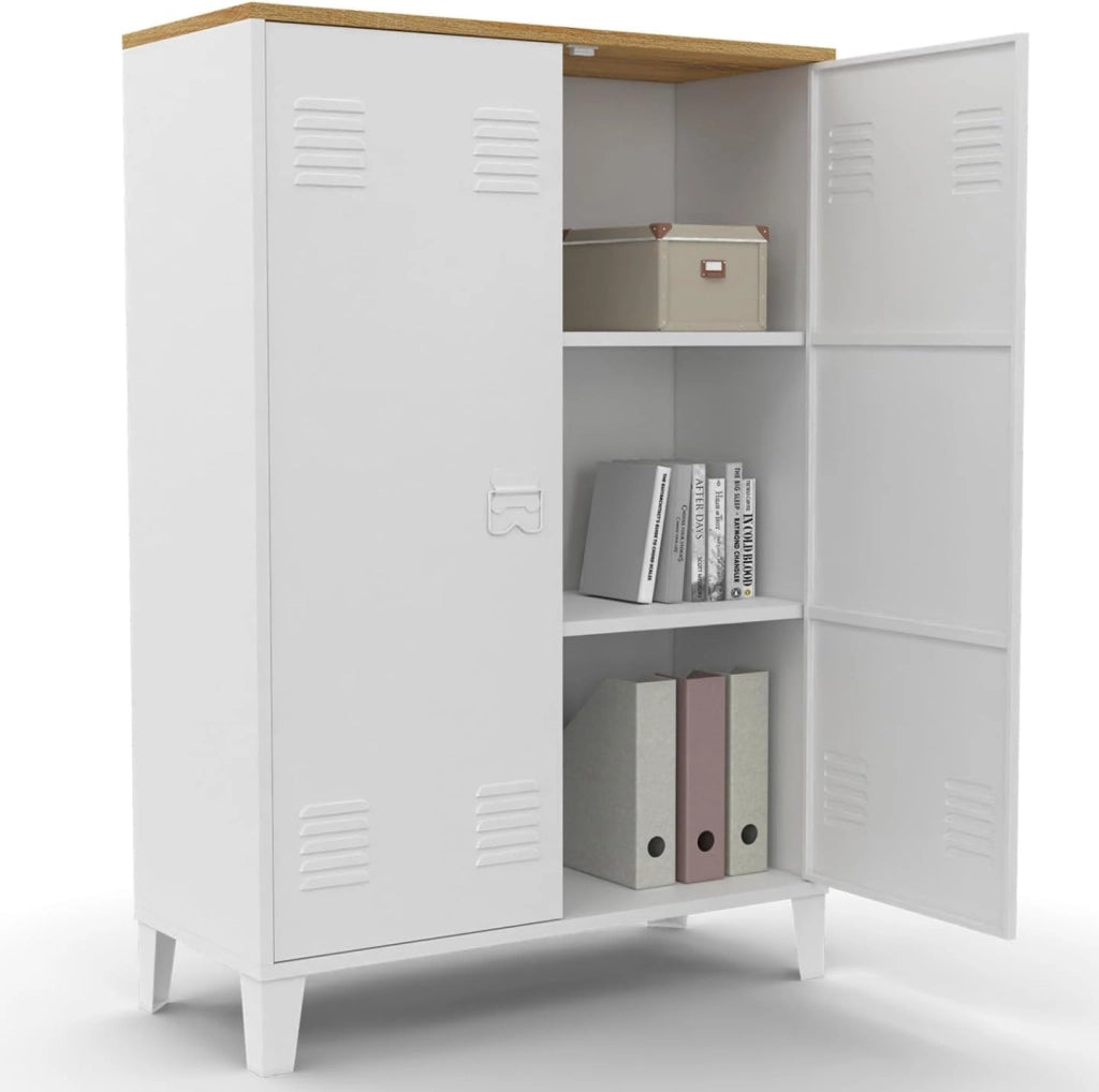 ESTER Armario de 2 puertas de metal blanco con encimera de madera de diseño industrial