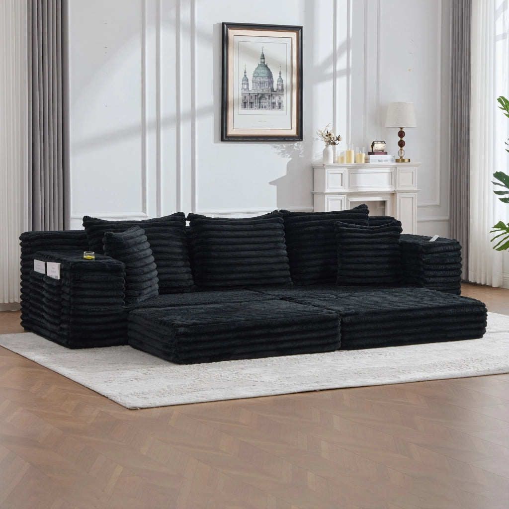 Divano modulare con tasche laterali e portabicchieri in velluto a coste nero 273 × 98 × 87 cm