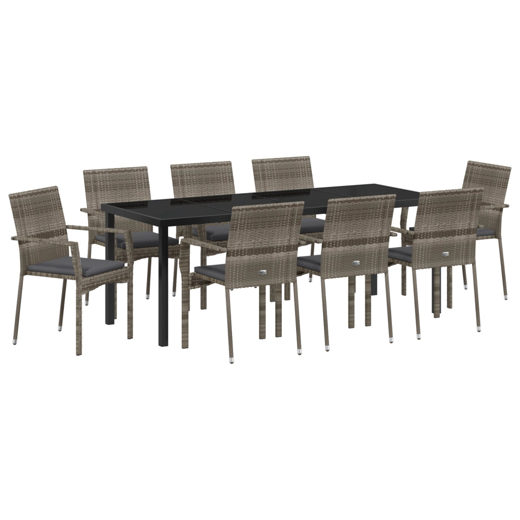 Set da Pranzo da Giardino 9 Pezzi con Cuscini Grigio Rattan Sintetico