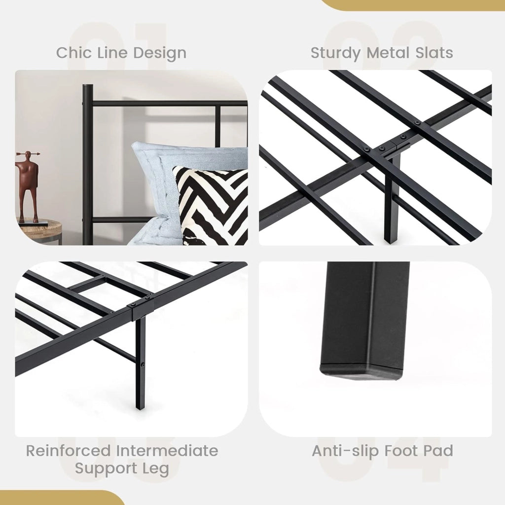 Struttura Letto 140 x 200 cm in Metallo con Testiera e Pediera, Spazio di Archiviazione Sotto al Letto per Adulti, Stile Rustico Moderno Nero, Carico Massimo 300 kg (160_x_200_cm)