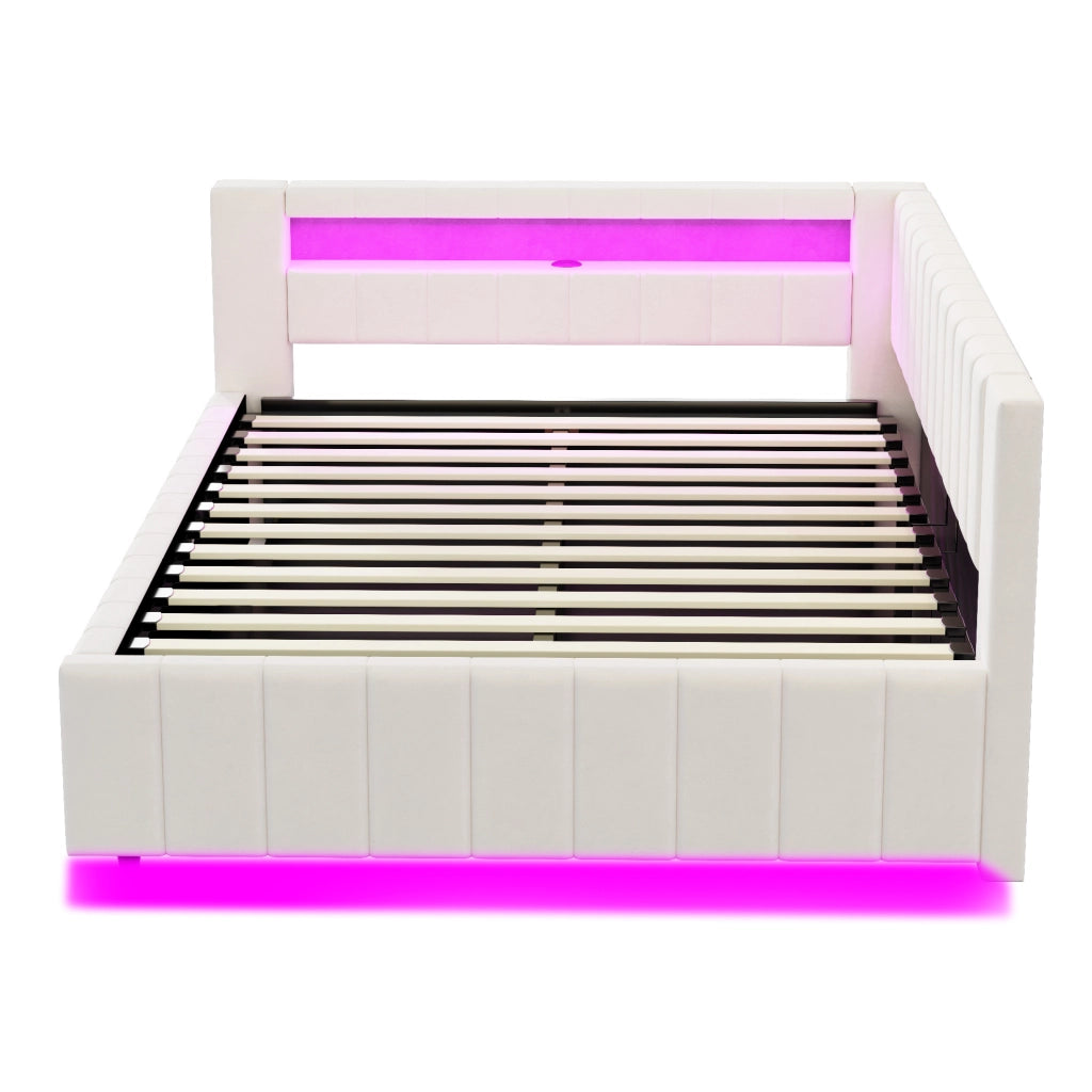 Letto imbottito 140x200 cm; contenitore idraulico; LED e USB; velluto; beige (Senza materasso)