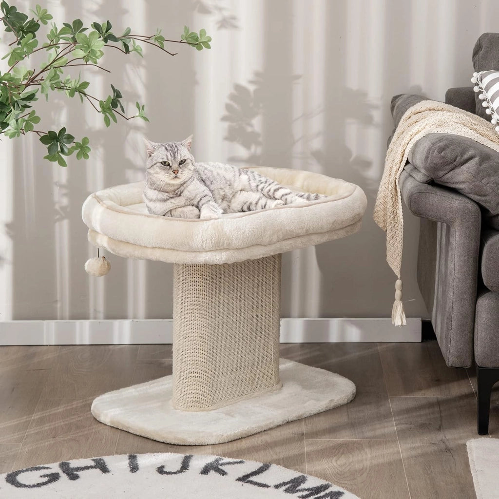 Tiragraffi per Gatti, Albero Tiragraffi Gatto con Grande Cuccia in Peluche e Tiragraffi in Sisal e Palla, Tiragraffi da Divano in Legno per Gatti Piccoli, Portata 20 kg (Beige)
