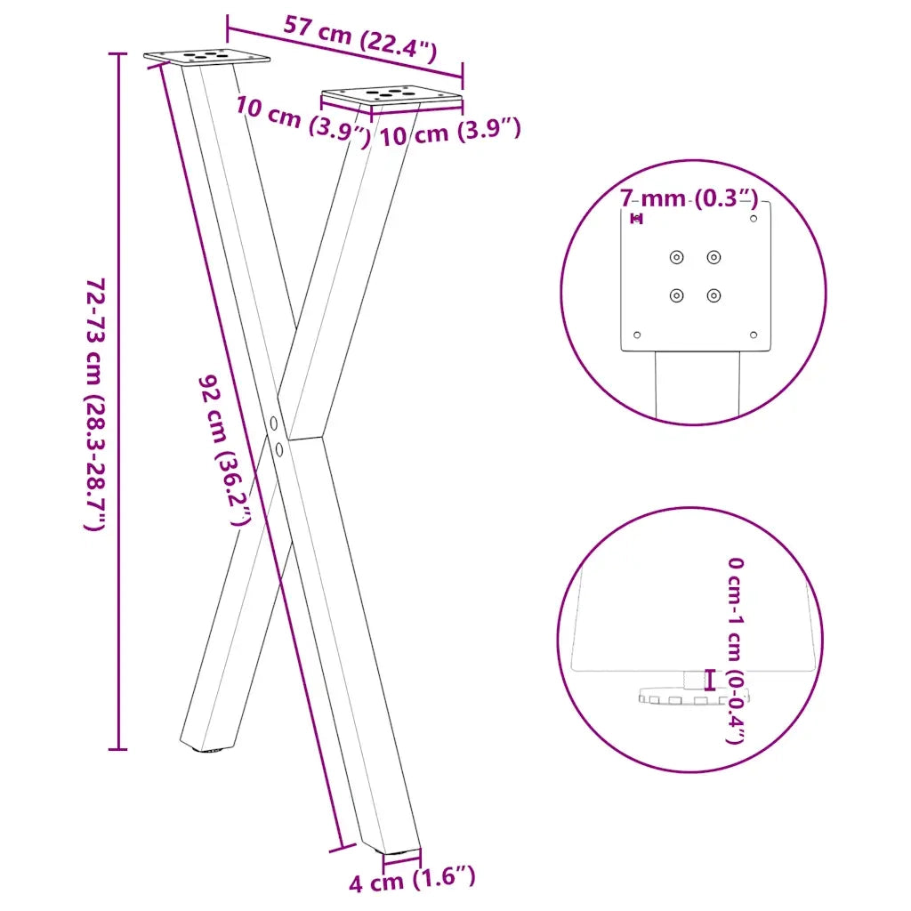 Gambe per tavolo da pranzo a forma di X 2 pz in acciaio naturale 57x(72-73) cm 4012915