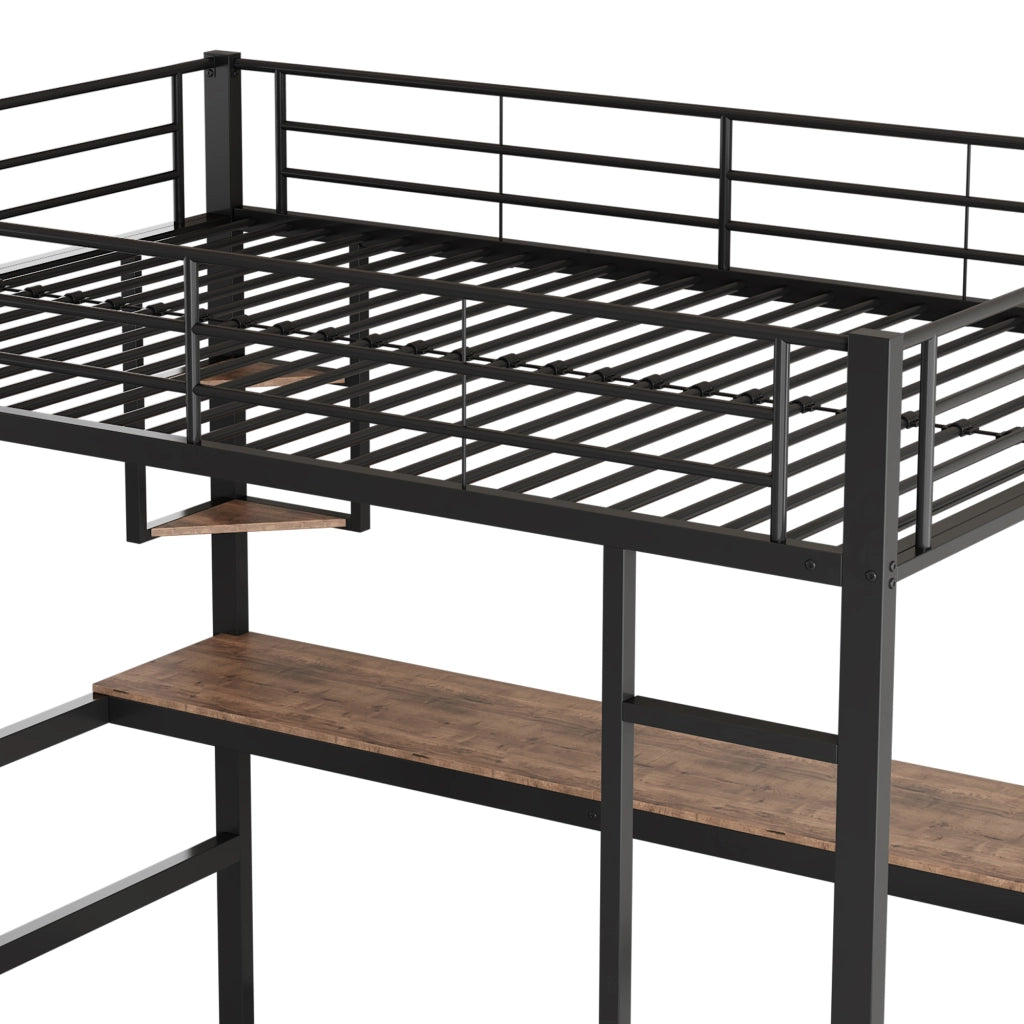 Letto a Soppalco 90 x 200 cm Singolo con Scrivania; 4 Ripiani e Libreria; senza Materasso; Nero