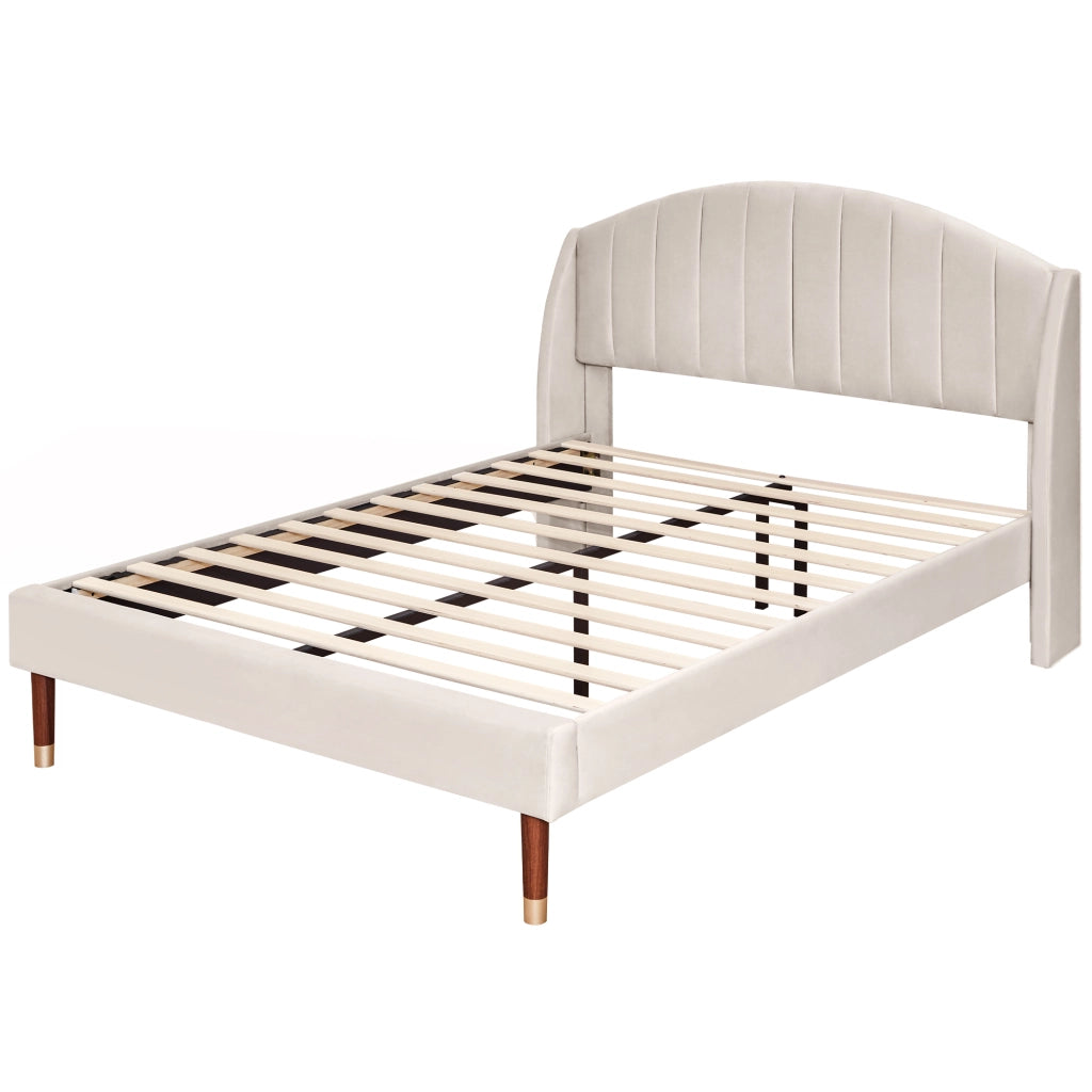 Letto Adulto 140×200 cm; Letto Matrimoniale con Testiera Imbottita; senza Materasso; in Velluto; Beige