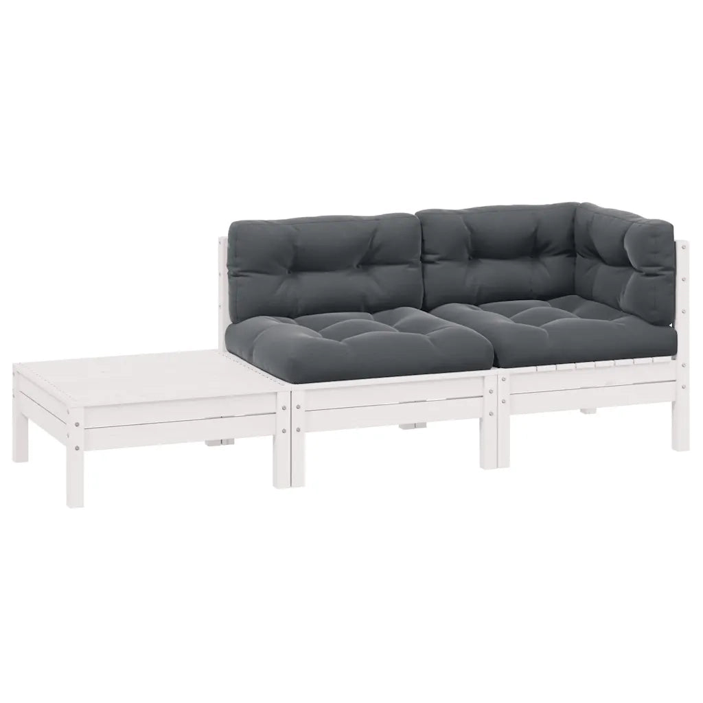 Set Divani da Giardino 3 pz | Set Salotto da Giardino con Cuscini Massello Pino Bianco