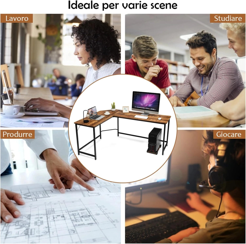 Scrivania Angolare Salvaspazio, Scrivania Porta PC a Forma di L con Porta CPU, Scrivania ad Angolo in Legno e Ferro per Studio e Ufficio, Portata 100 kg, 168 x 125 x 74 cm (Caffè)