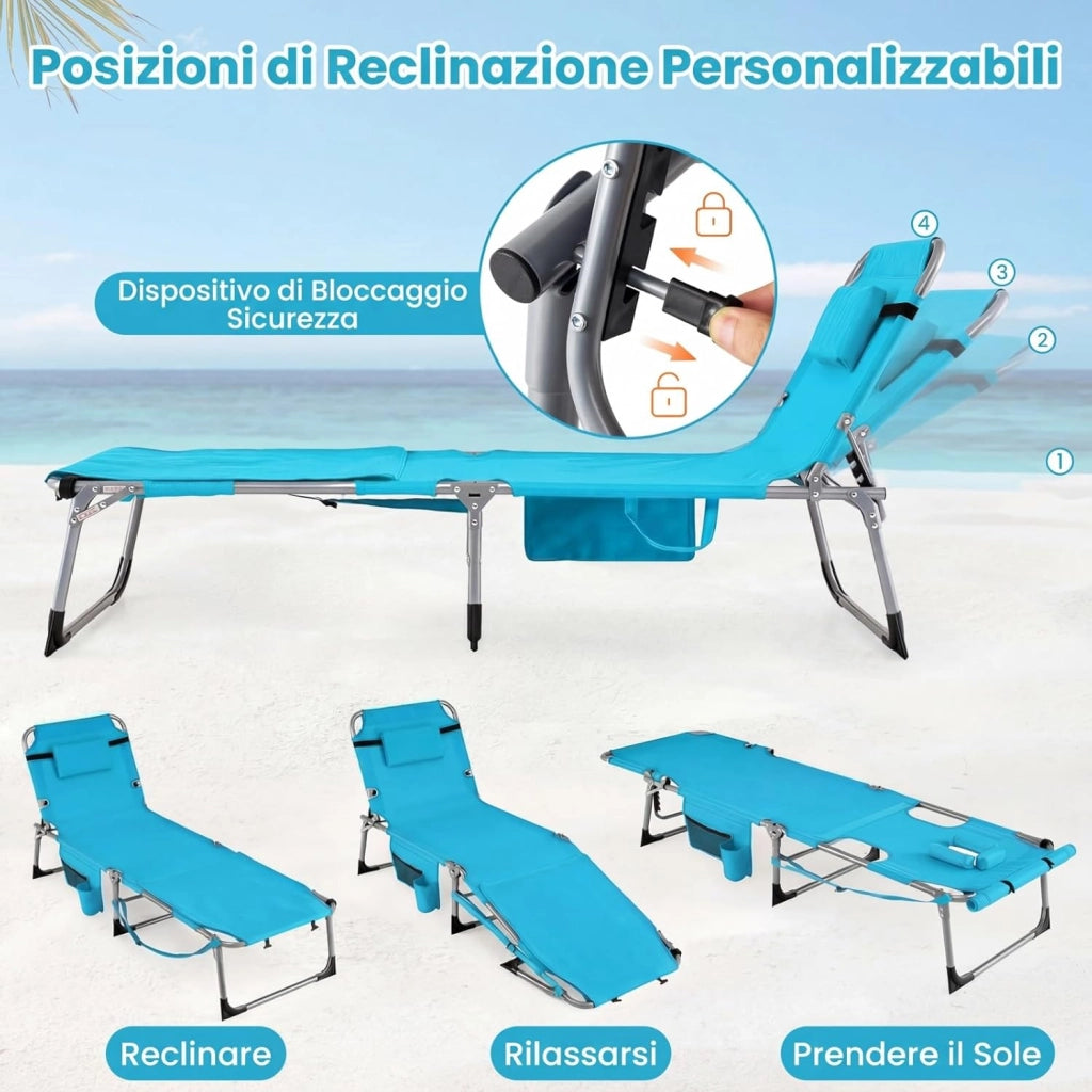 Lettino Prendisole Pieghevole Portatile, Lettino da Spiaggia con Fori per Viso e Braccia, Cuscino Poggiatesta e Tasca, Schienale Regolabile, per Mare e Piscina, Portata 180 kg (Turchese)