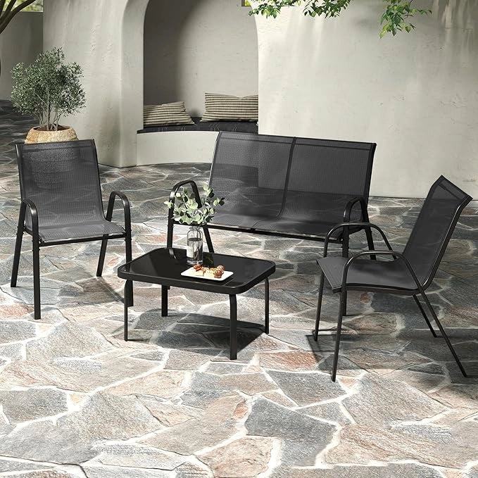 Set Tavolo e Poltrona da Giardino, Set di Mobili 4 Pezzi per Esterno, con Tavolino in Vetro Temperato, Panca e 2 Poltrone, per Giardino Balcone Piscina (Grigio)