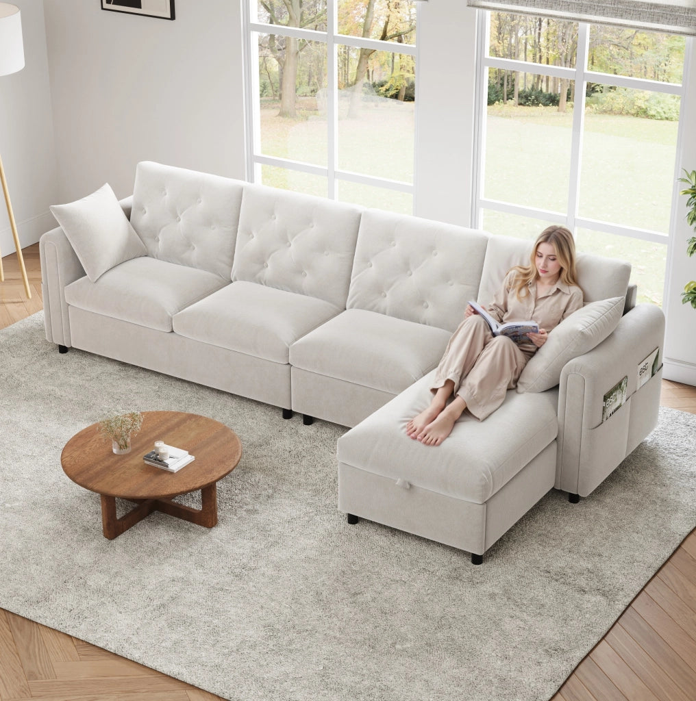 Divano angolare 281x132x86 cm con funzione letto e vano contenitore in velluto beige