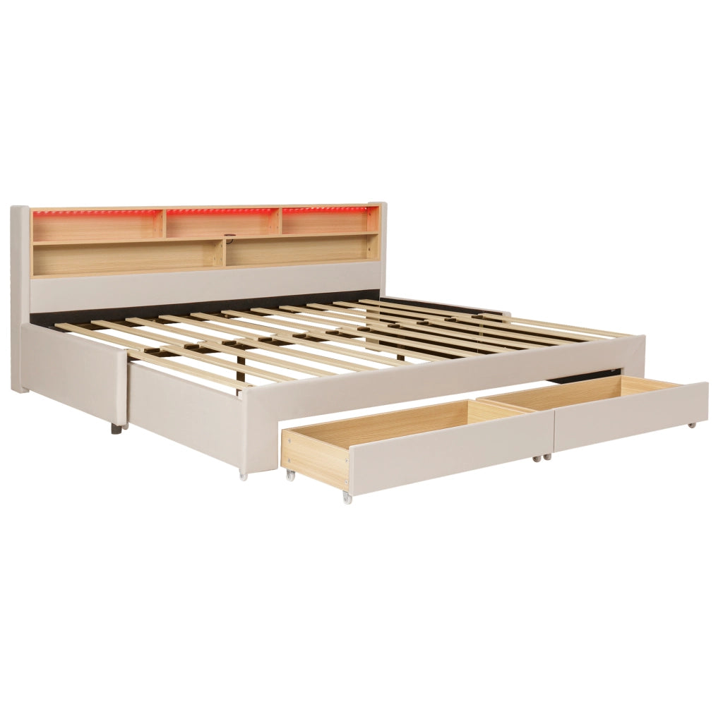 Letto da giorno estraibile 90x200 cm con LED; USB e Type-C; cassetti; velluto beige