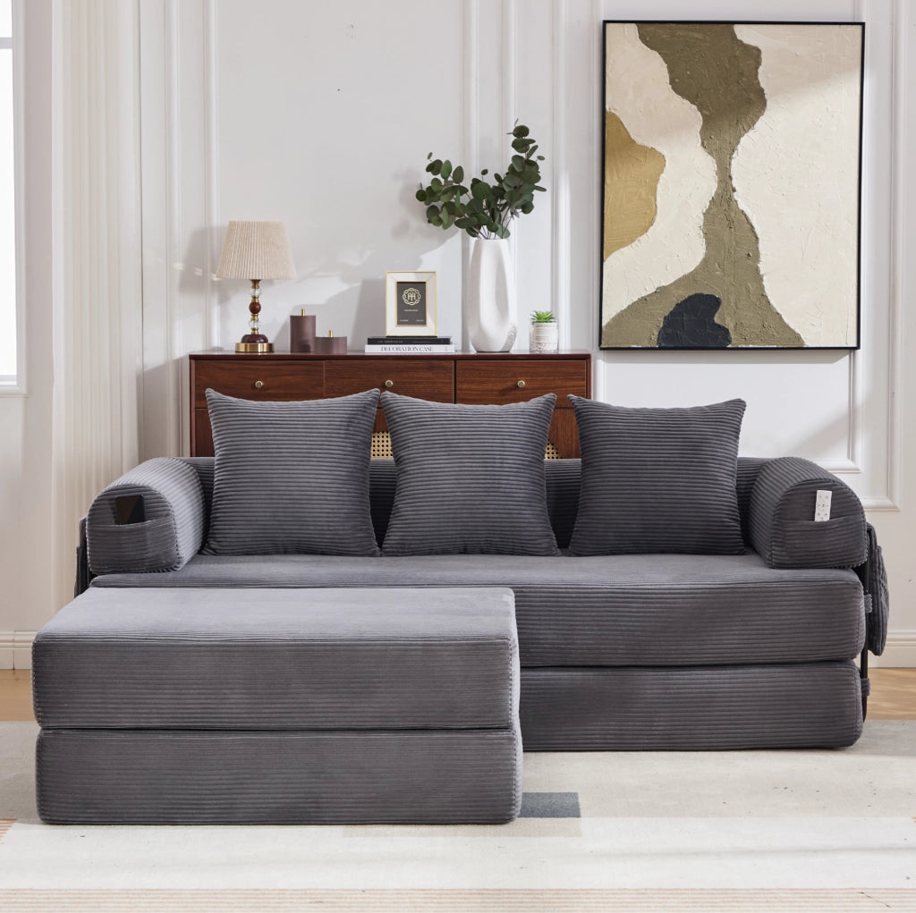 Divano modulare ULEVR con pouf 200x190x67 cm, 3 cuscini e tasca laterale, velluto a coste grigio scuro