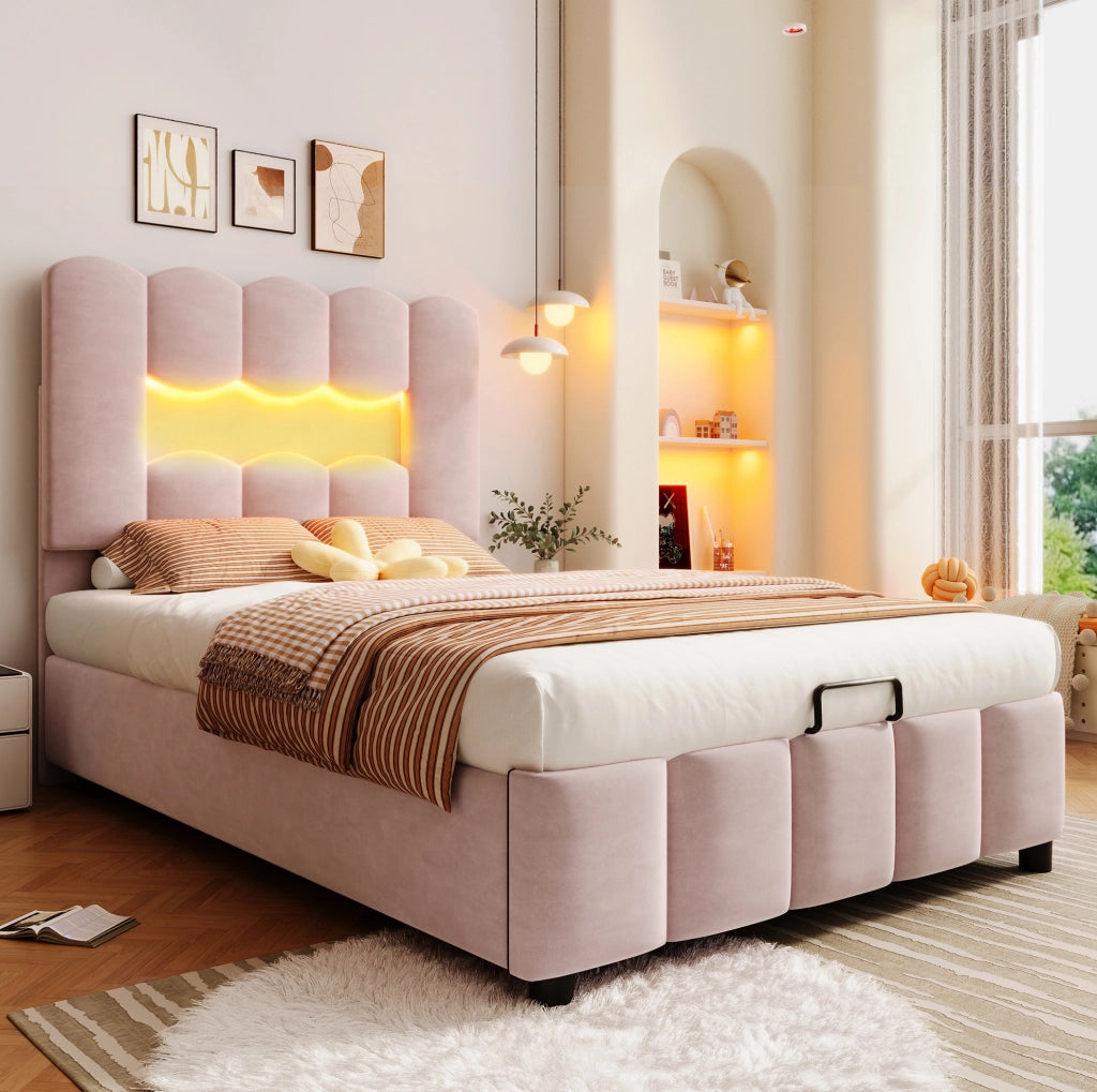 Letto imbottito 90x200 cm con contenitore, LED e testiera regolabile