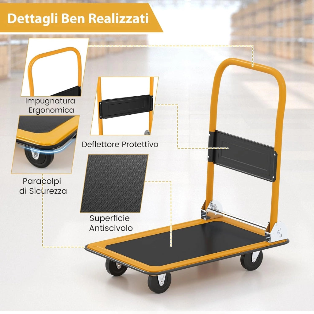 Carrello Pieghevole per Trasporto, Carrello Pieghevole con Piattaforma con Ruote Girevoli a 360°, Capacità di Peso 150 kg, per Garage, Magazzino (Giallo + Nero)