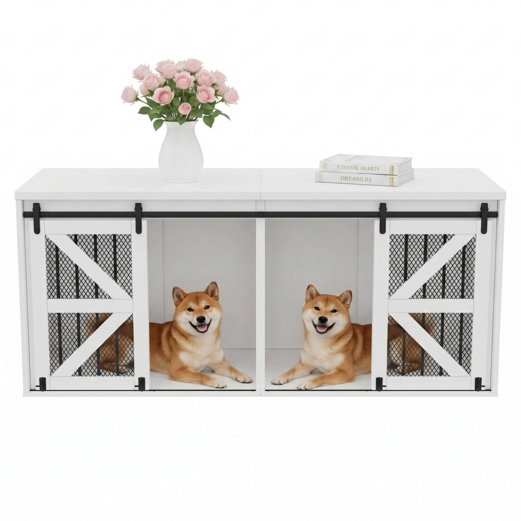 Cuccia per cani da interno con porte scorrevoli, divisorio centrale fisso, MDF e metallo, bianco, 160 x 60 x 75 cm