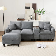Divano angolare modulare a 4 posti in velluto a coste grigio con pouf contenitore console USB e portabevande