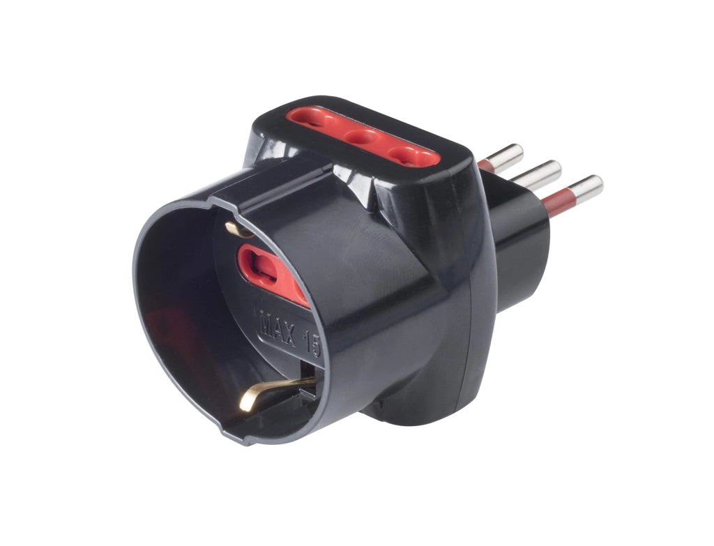 Adattatore Triplo con Protezione Prese 10 e 16 A 2P con T Colore Nero