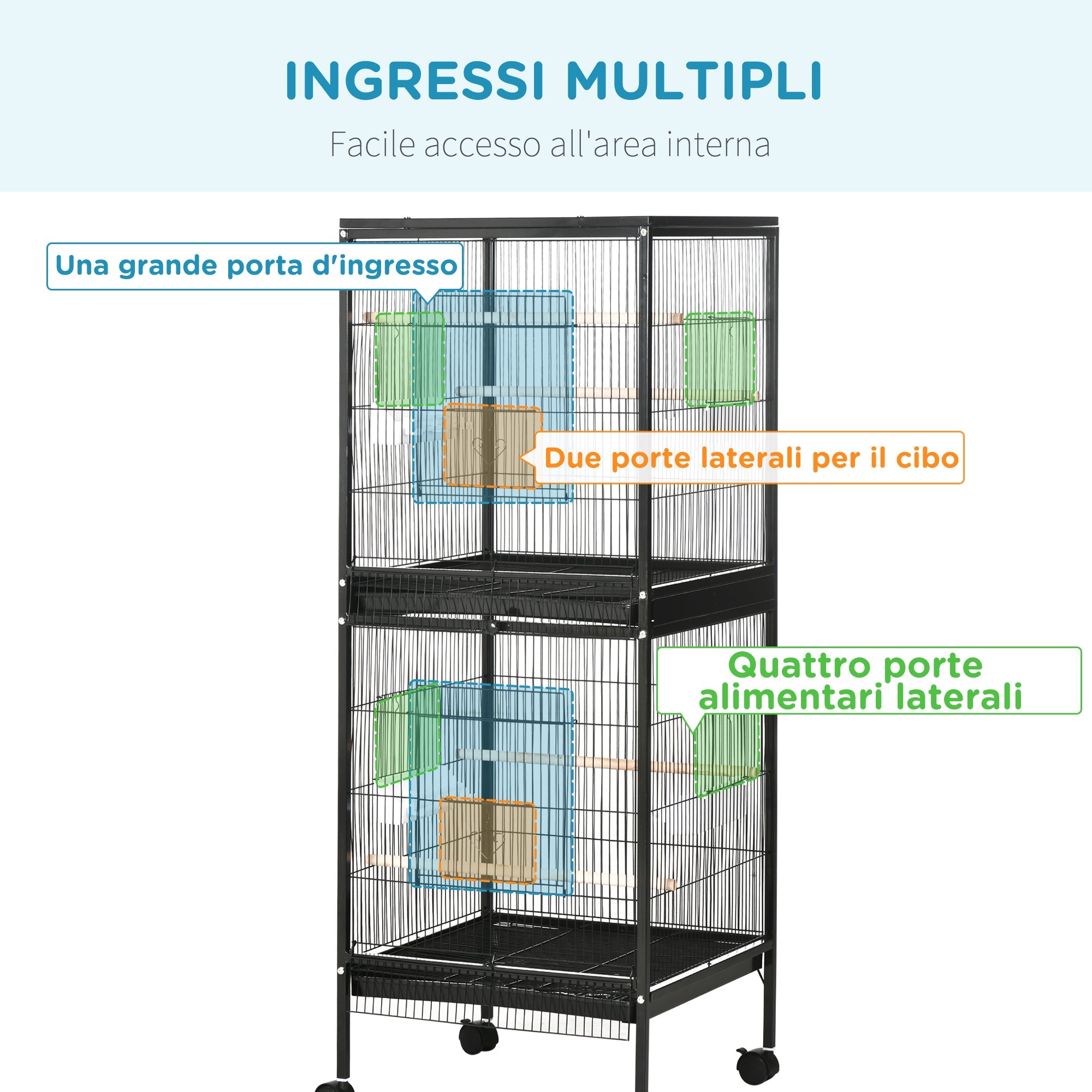 Gabbia Voliera per Uccelli per Interni 51,5x50x140 cm con Ruote e Vassoi Estraibili Nero