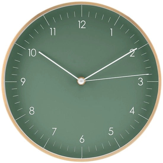 Orologio da parete silenzioso con meccanismo orario a quarzo, stile minimalistico e moderno, regalo decorativo per l'illuminazione di casa, 24 cm, in verde e oro.