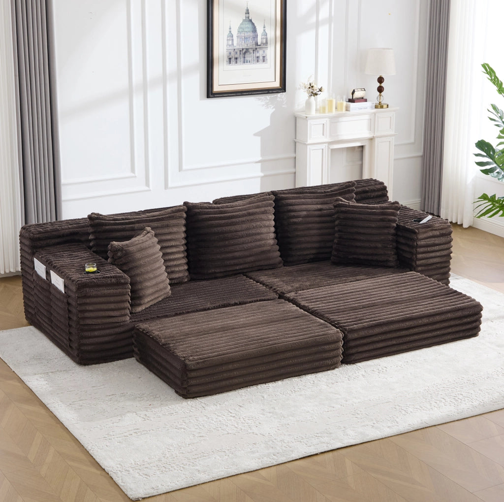 Divano letto 273 x 98 x 87 cm marrone, tasche e portabicchieri, tessuto a coste