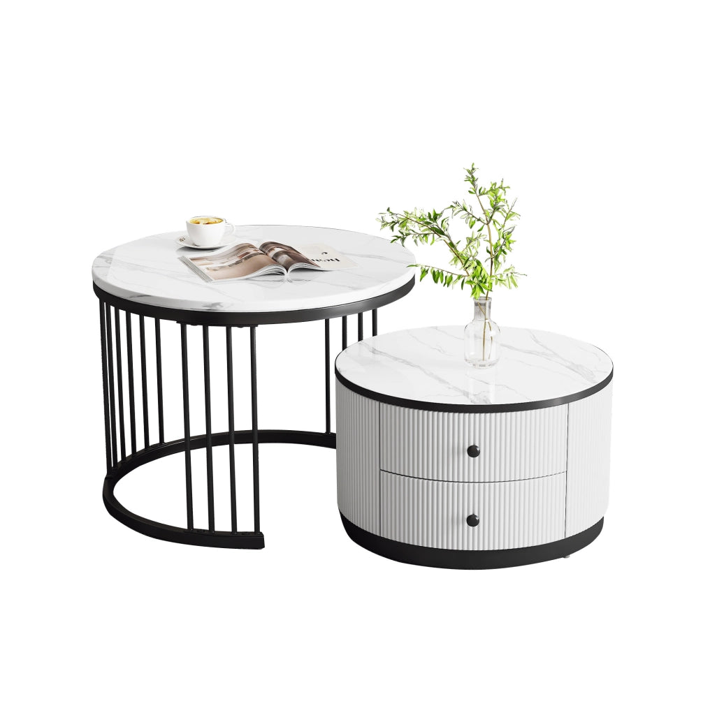 Set di 2 tavolini da caffè rotondi con finitura effetto marmo lucido; bianco e nero; MDF