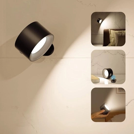Lampada da Parete - Lampada da Parete LED per Notte - Lampada da Parete Senza Fili con Magnetismo - Lampada da Notte Ricaricabile via USB - Compatibile con Comando Touch e Comando Remoto - Gira a 360° in 3 Colori ( Nero )