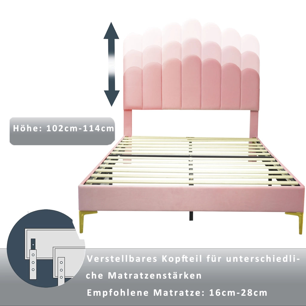 Letto imbottito matrimoniale 140×200 cm con testiera regolabile e rete a doghe; senza materasso; velluto rosa