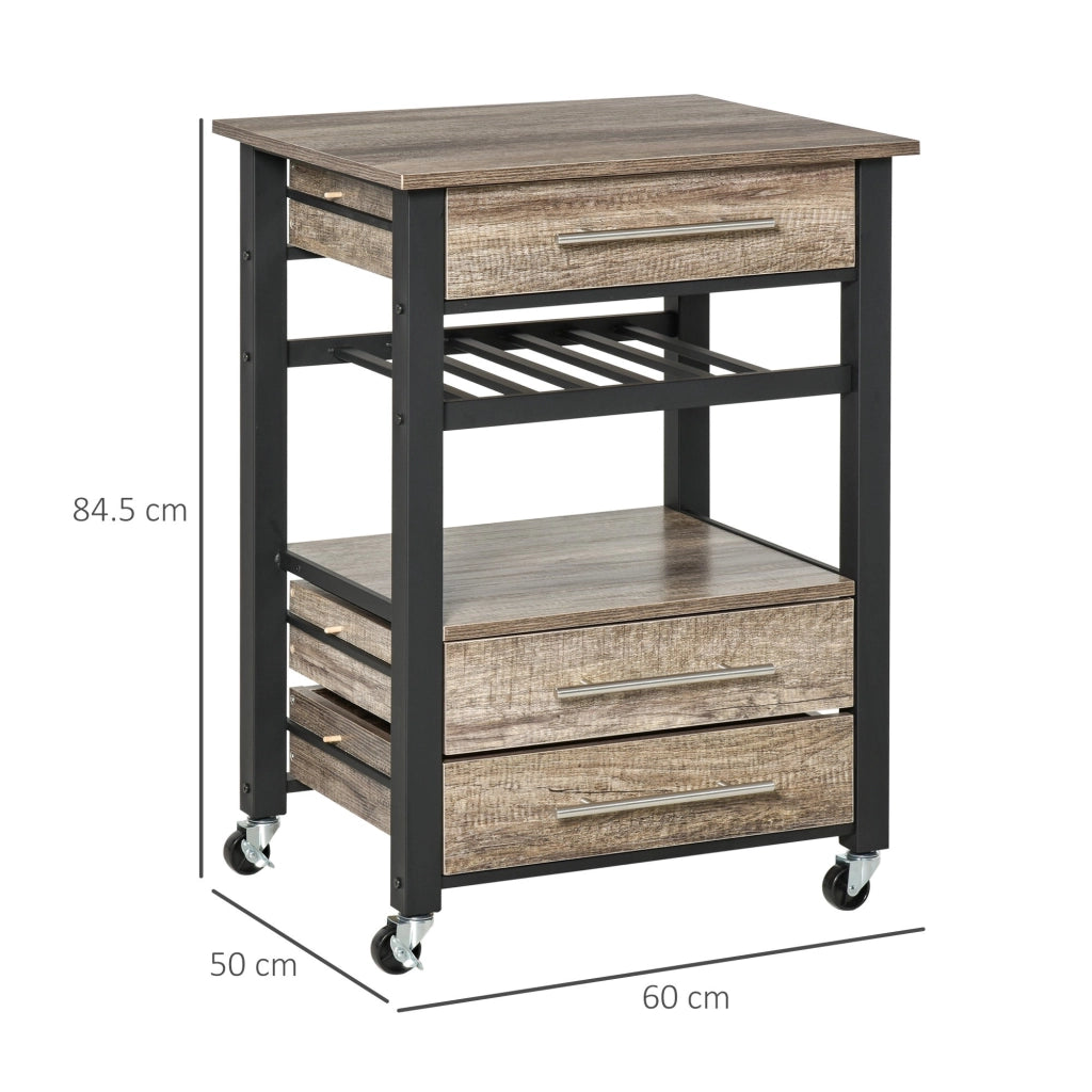 Easycomfort Carrello da Cucina Portavivande con 3 Cassetti e Mensola, Mobiletto Multiuso in Legno Truciolare, 60x50x84.5cm, Quercia