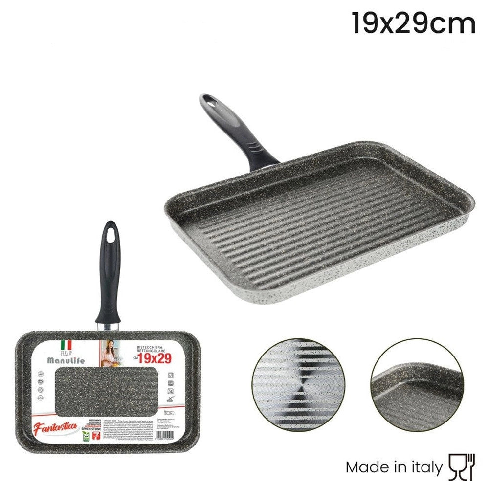 Trade Shop - Bistecchiera Rettangolare 19x29cm Pietra Antiaderente Antigraffio Con Manico Nero 045024m -