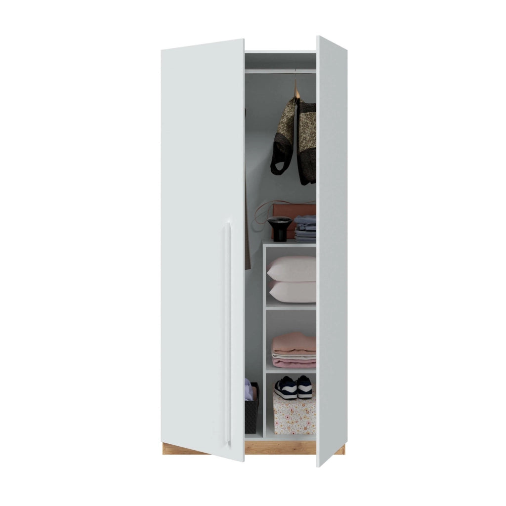 Guardaroba Alpine, Armadio per camera da letto a 2 ante battenti, Mobile con 3 ripiani e barra appendiabiti, cm 90x52h200, Rovere nodi e Bianco