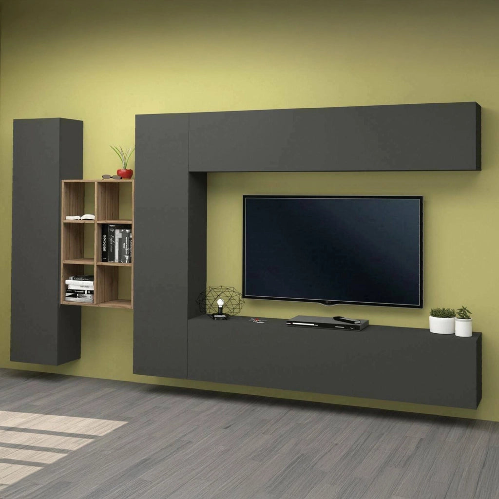 Parete attrezzata Agna, Set salotto porta TV a 4 ante, Mobile soggiorno multiuso, 100% Made in Italy, cm 280x30h180, Antracite e Acero
