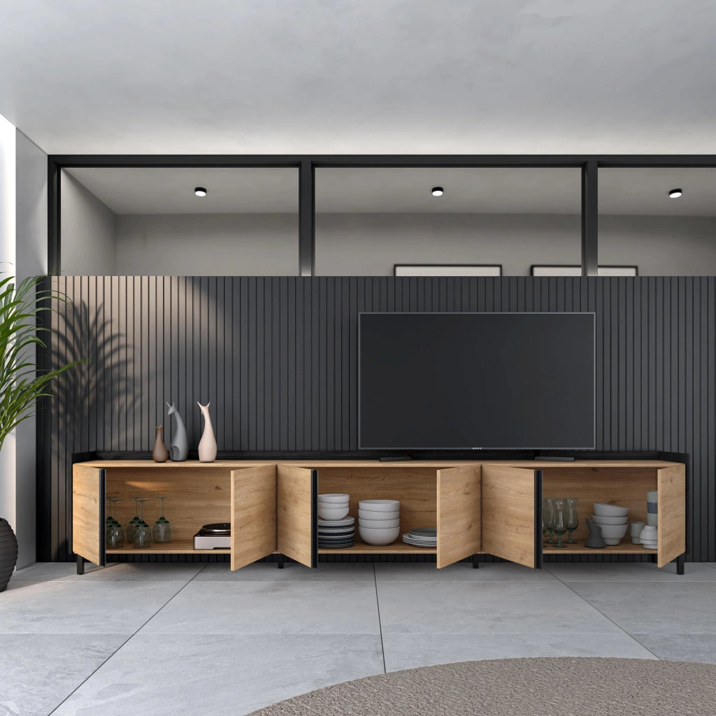 Mobile TV Soggiorno, 309x61x35 cm, Per TV fino a 80", Design industriale, Rovere e nero