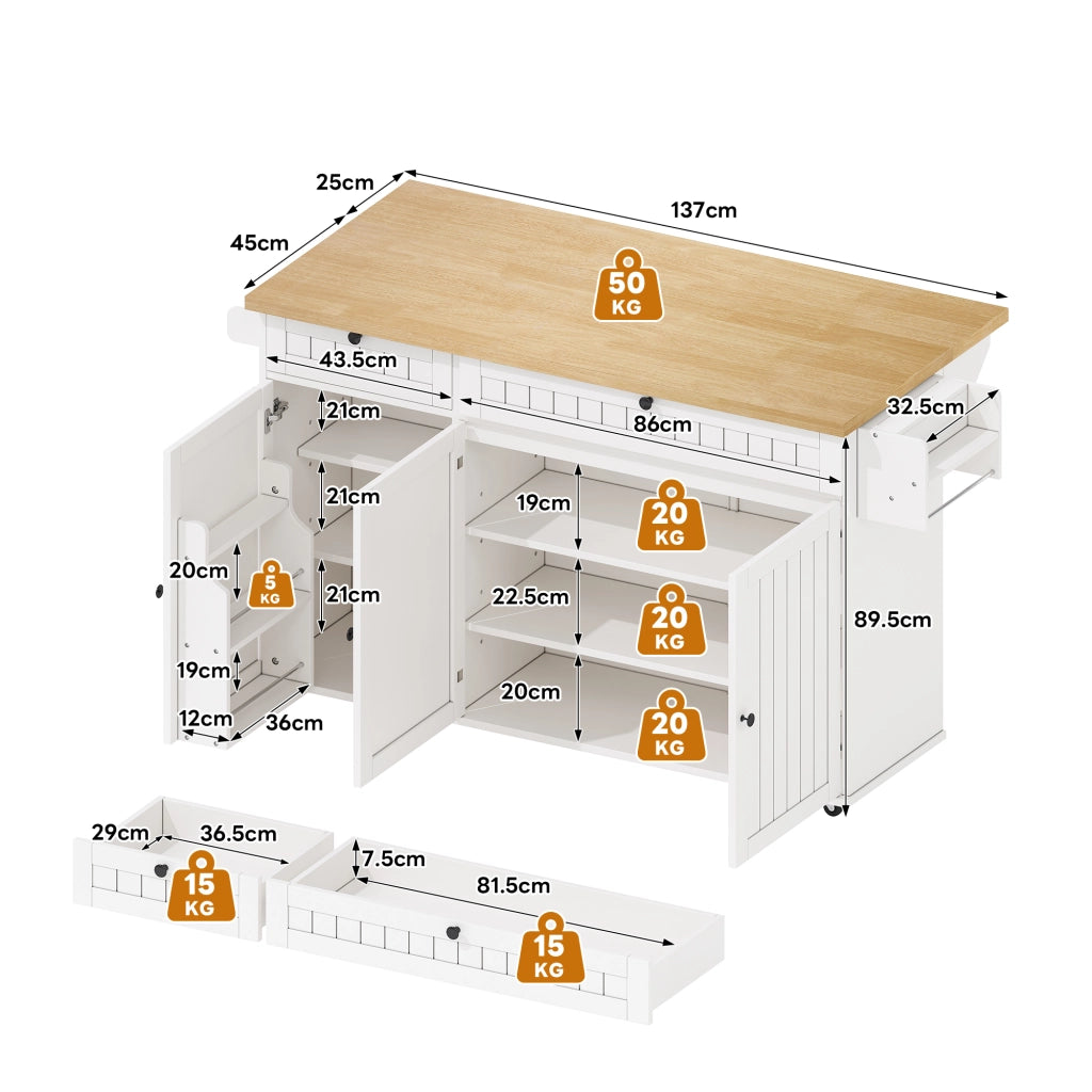 Carrello da Cucina con 2 Cassetti; Piano Ribaltabile; Portasciugamani e Portaspezie; in MDF; 137×45×89;5 cm