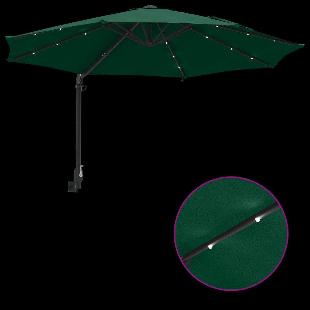 Ombrellone da Giardino Montato a Muro con LED Verde 248 cm