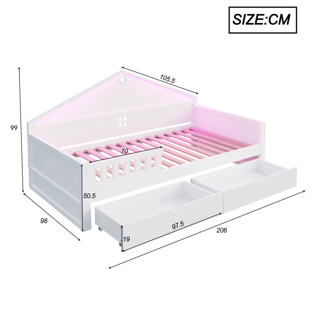 Letto singolo ULEVR 90x200 cm con 2 cassetti e barra LED controllabile da smartphone, bianco