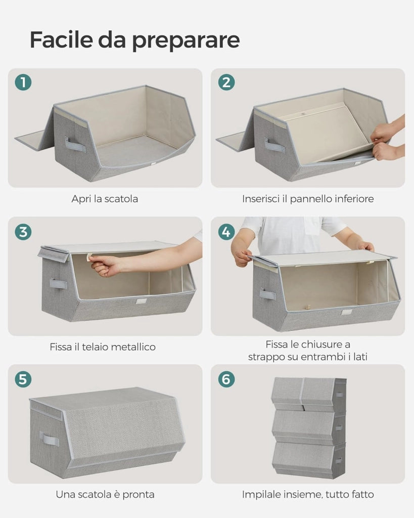 SONGMICS Set di 4 Scatole con Coperchio, Organizzatori Impilabili per Armadi, Contenitori con Chiusura Magnetica, Scatole in Tessuto, Struttura in Metallo, per Libri Vestiti, Grigio Tortora RLB022W01