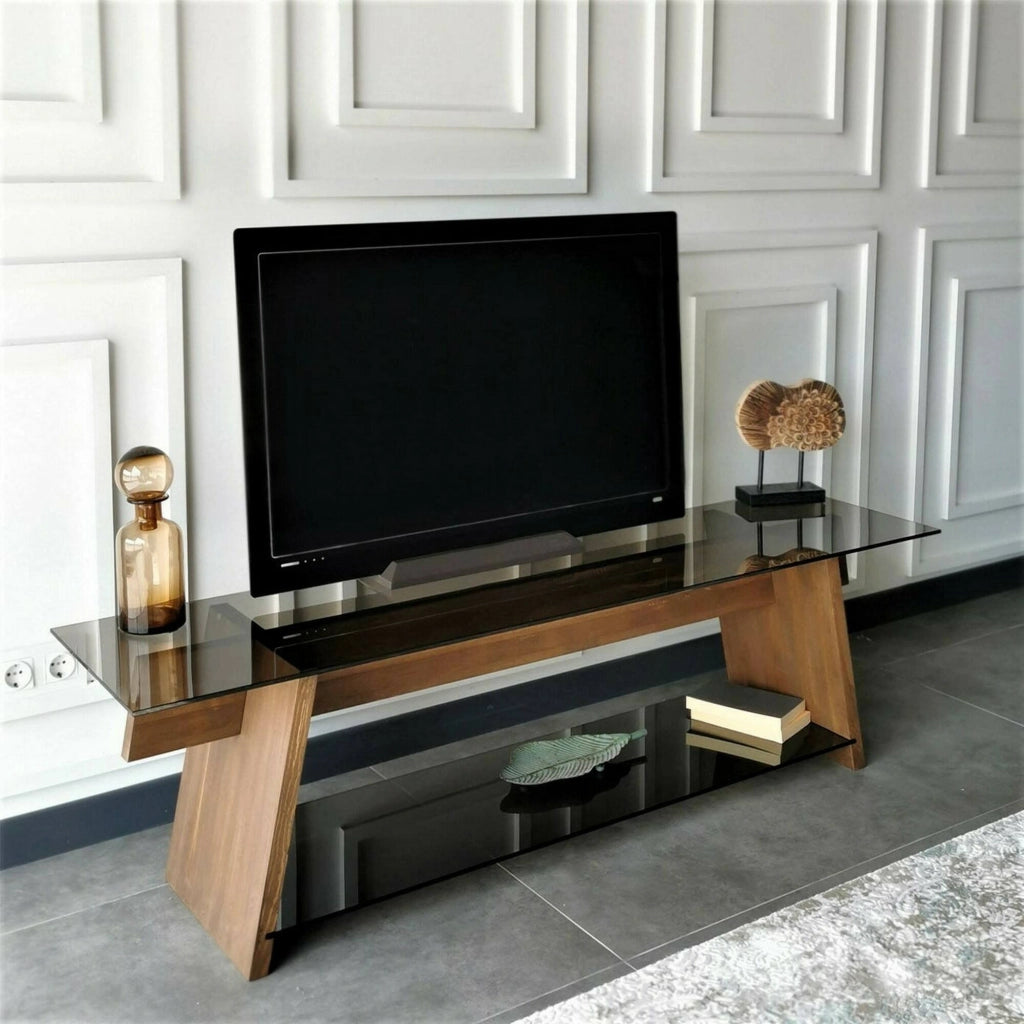 Mobile porta TV Amorosi, Credenza da soggiorno, Armadio basso per TV, Base parete attrezzata, 158x40h45 cm, Noce e Nero