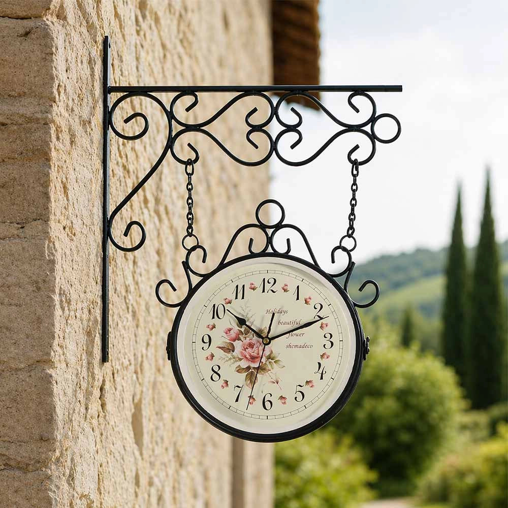 Orologio da Parete Bifacciale Stile Retrò con Staffa in Ferro