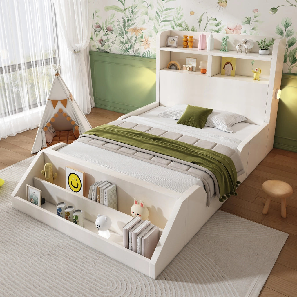 Letto Singolo 90 x 200 cm; Luci Notturne; Mensole e Libreria - Legno - Bianco