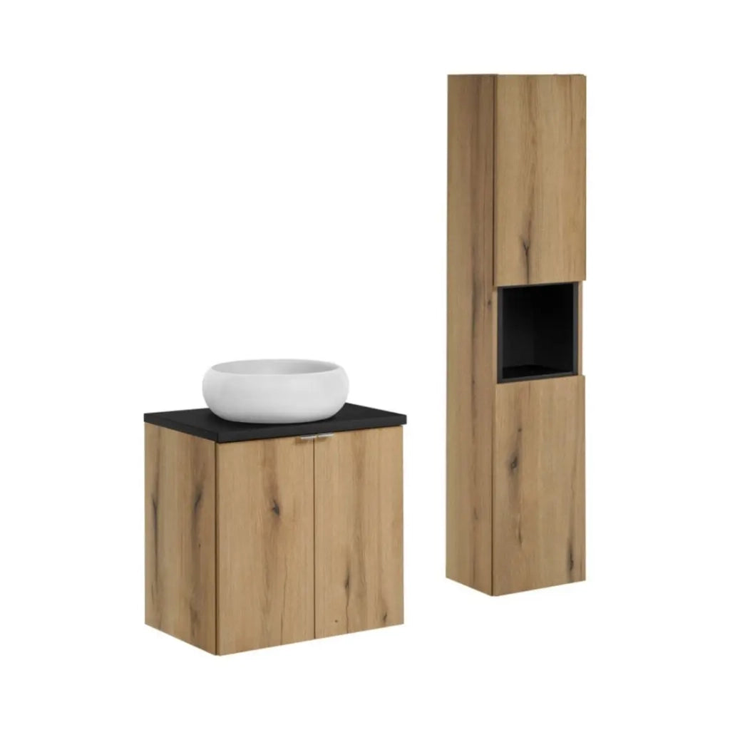 Set VANO finitura rovere e nero 90cm: mobile sottolavabo con armadietti + piano per lavabo + lavabo da appoggio rotondo + colonna