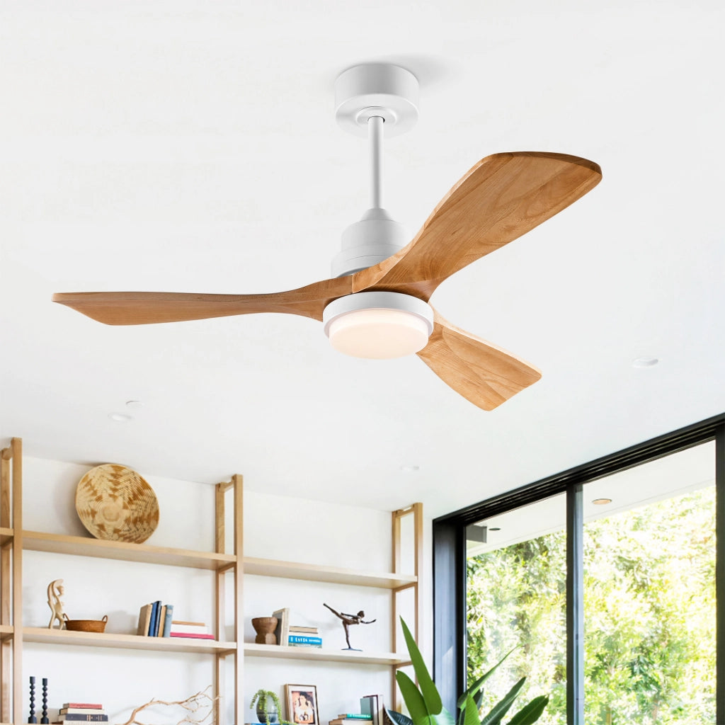 Ventilatore da soffitto con luce a 3 pale in legno e telecomando bianco e naturale per interni ed esterni coperti