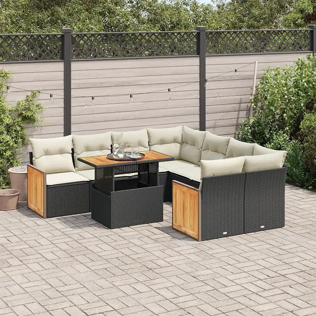 Set Divani da Giardino 9 pz con Cuscini Nero Polyrattan Acacia 3327689