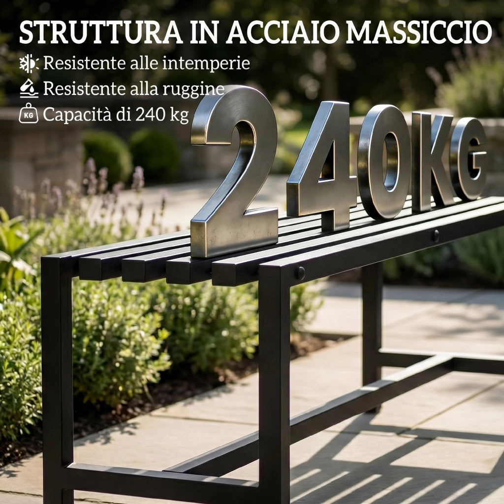 Panchina Moderna Industriale da Esterno per Patio e Giardino. Senza Schienale. Nero