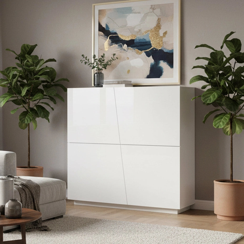 Credenza moderna di design a 4 ante Abbabbau, Made in Italy, Buffet da cucina, Madia con scaffali da cucina, cm 120x43h126, Bianco lucido