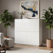 Credenza moderna di design a 4 ante Abbabbau, Made in Italy, Buffet da cucina, Madia con scaffali da cucina, cm 120x43h126, Bianco lucido