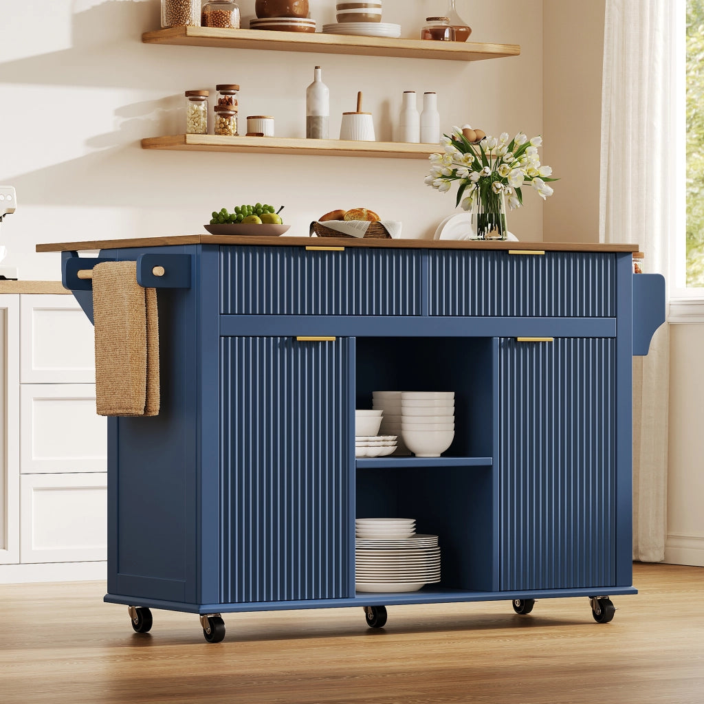 Isola da cucina su ruote con piano ribaltabile, 2 cassetti, 2 ante e porta spezie, colore blu e legno
