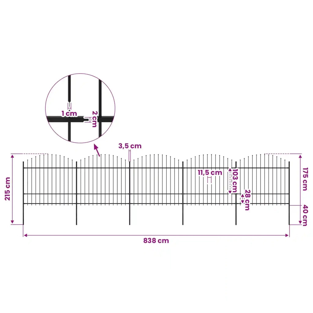 Recinzione da Giardino con Punta a Lancia in Acciaio 838x175 cm Nero 277743