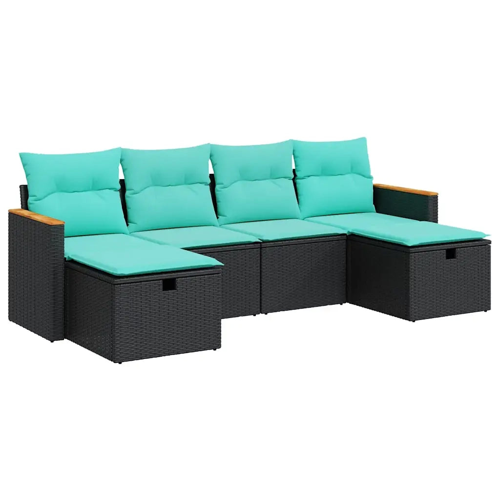 Set Divano da Giardino 6 pz con Cuscini Nero in Polyrattan