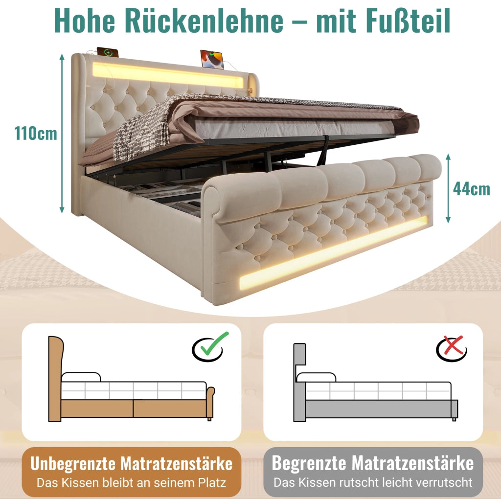 Letto matrimoniale 140x190 cm con LED, USB-C e vano contenitore